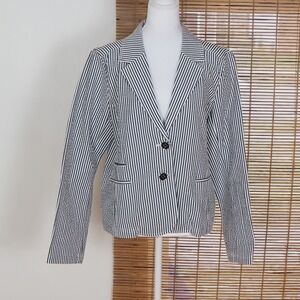 Orvis Womens Seersucker Blue Blazer Sz 14 Two Button Coastal Preppy Cotton Light